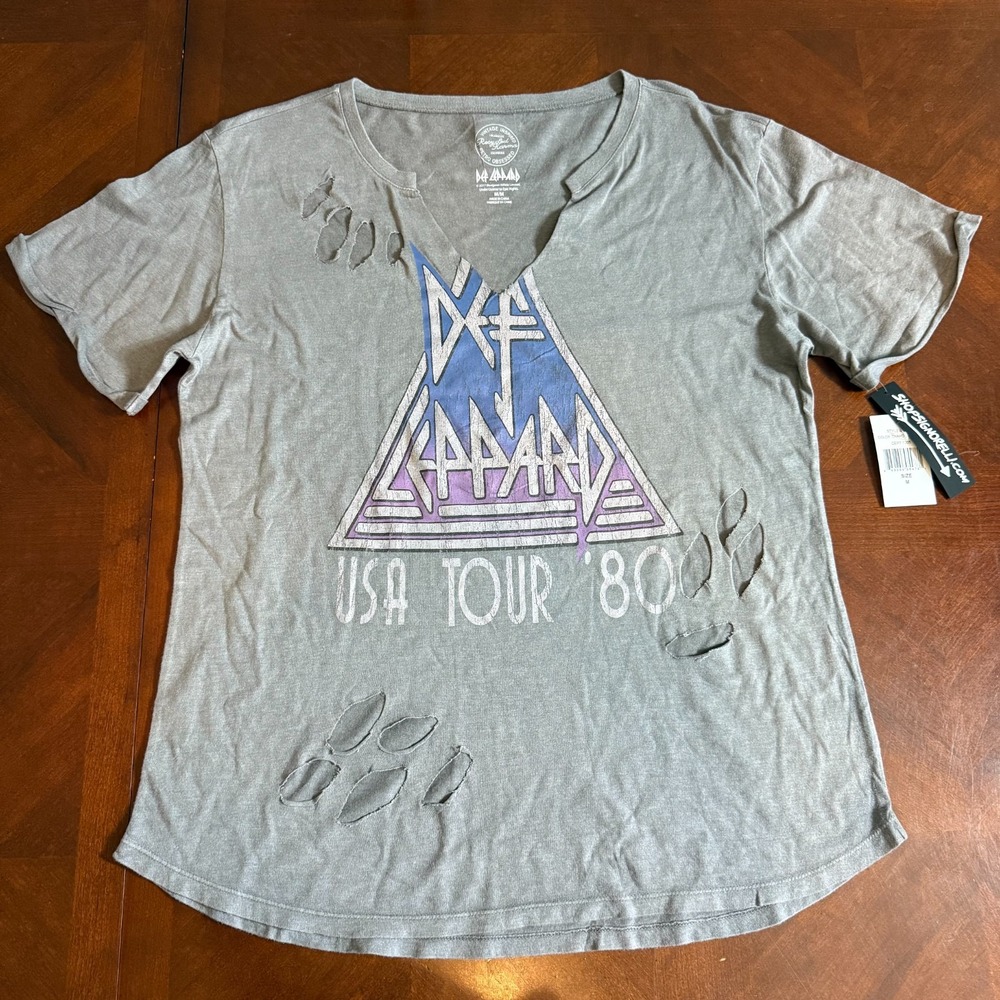 Recycled Karma Def Leppard USA Tour '80 Distressed Band Tee Sz S Gray